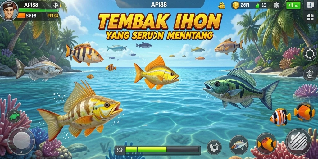 Tampilan gameplay seru dalam API88, menangkap ikan berwarna-warni.