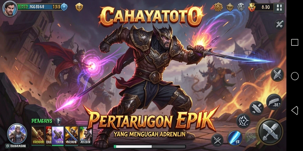 Screenshot gameplay CAHAYATOTO menampilkan pertarungan intens dan karakter beragam.