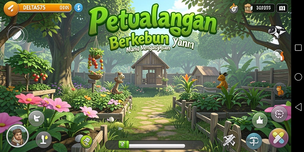 Screenshot utama DELTA575 menunjukkan kebun yang subur dan penuh warna.