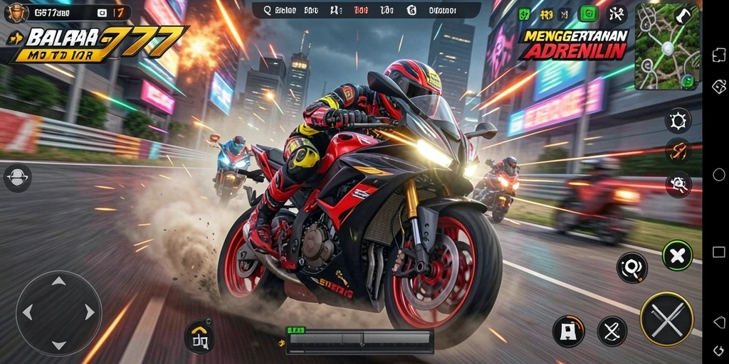 Screenshot gameplay GT777 yang menampilkan aksi balapan motor mendebarkan.